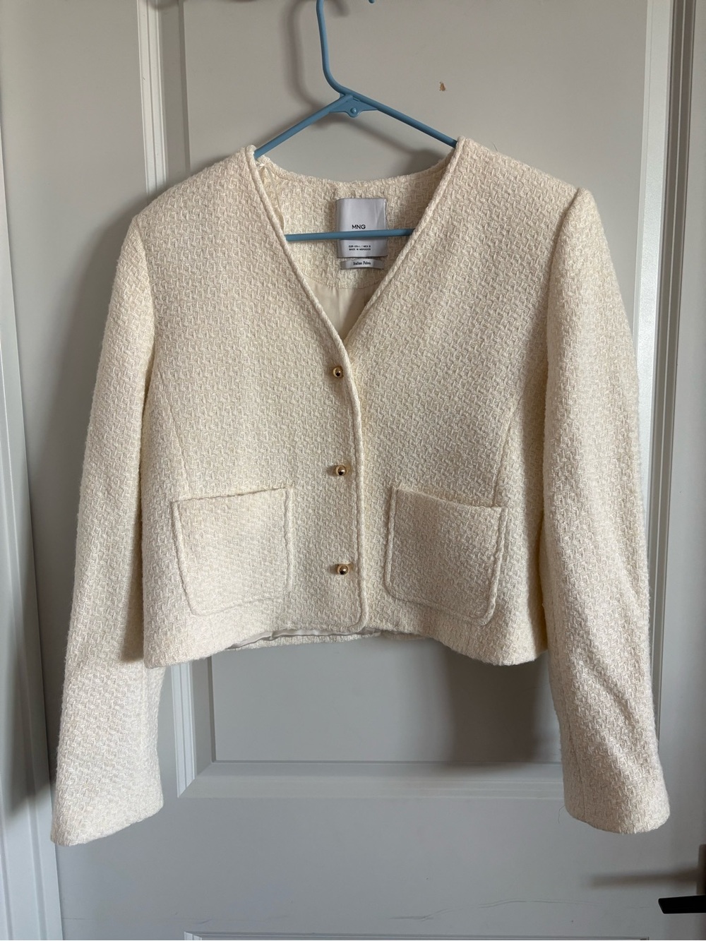 MNG Cream Bouclé Cropped Blazer with Gold Buttons